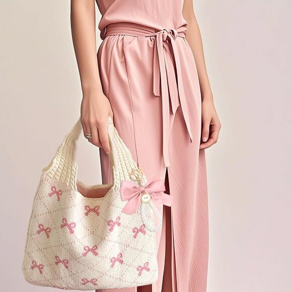 Pink Crochet Tote Bag Women Mesh Knitted Shoulder Handbag Beach Hobo Purse - Picture 3 of 7